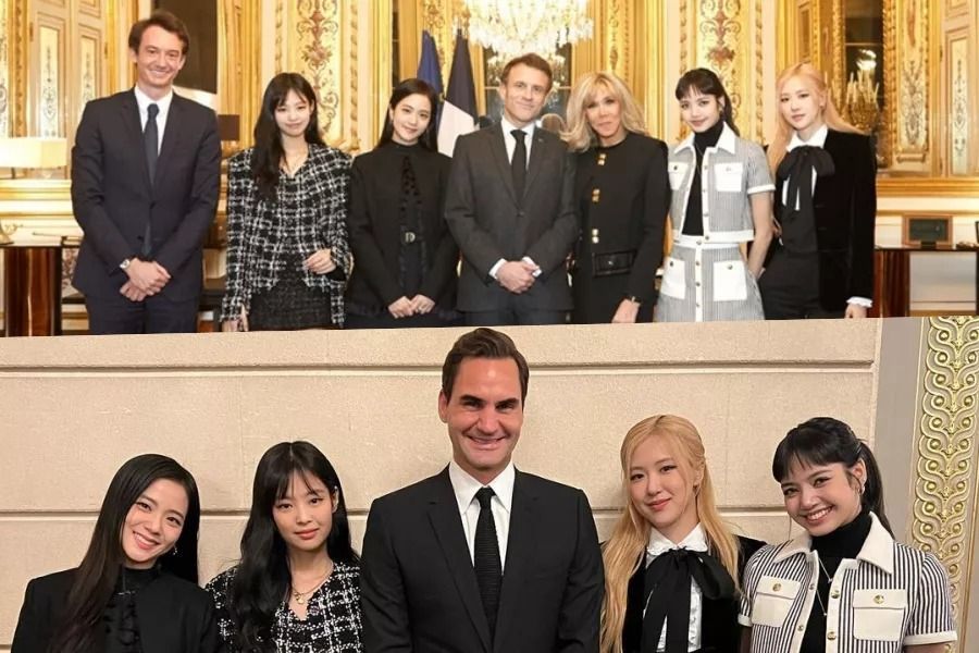 BLACKPINK pose avec le président français Emmanuel Macron, la Première Dame Brigitte Macron et le champion de tennis Roger Federer