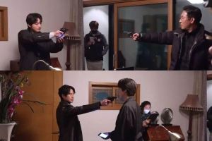 Yeo Jin Goo et Shin Ha Kyun répètent une scène d'arrestation à haute tension dans «Beyond Evil»